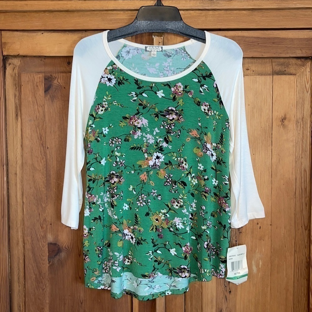 NWT Eyeshadow Mo Tee Green Floral Spring Top Sz. L